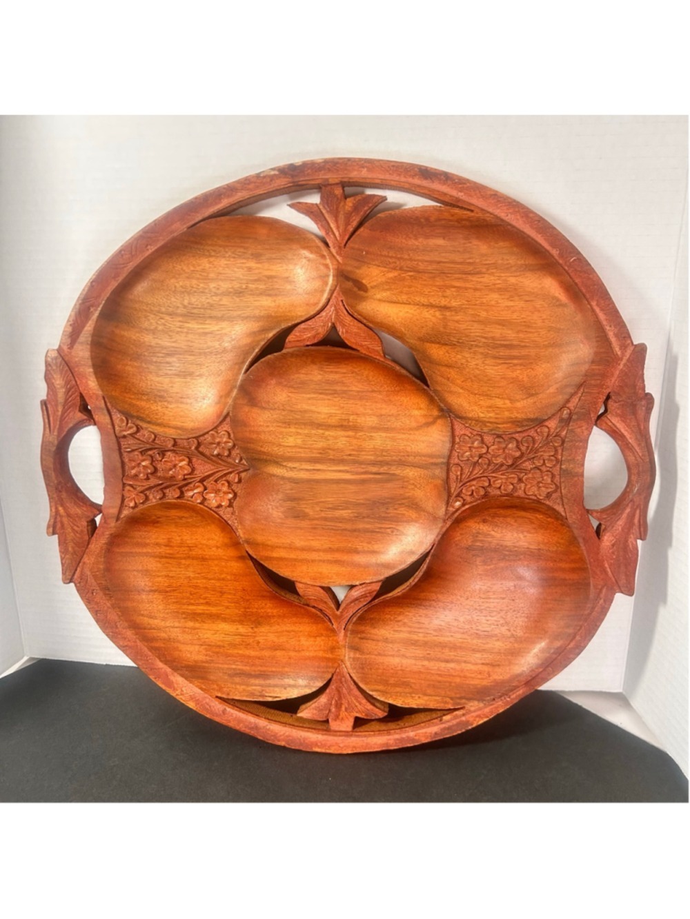 Mid Century Hand Carved Wooden Serving Tray Leaf Design Rustic Folk Art Farmhous